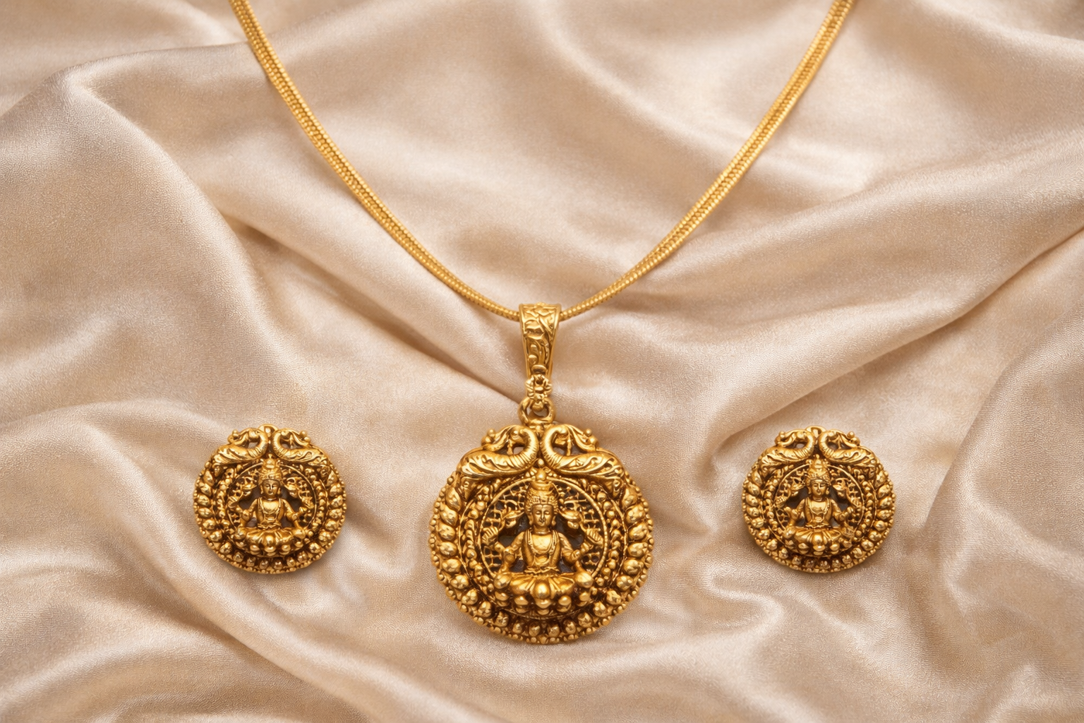 Ethinic Gold-Plated Lakshmi Motif Jewelry Set for Women - Antique Finish