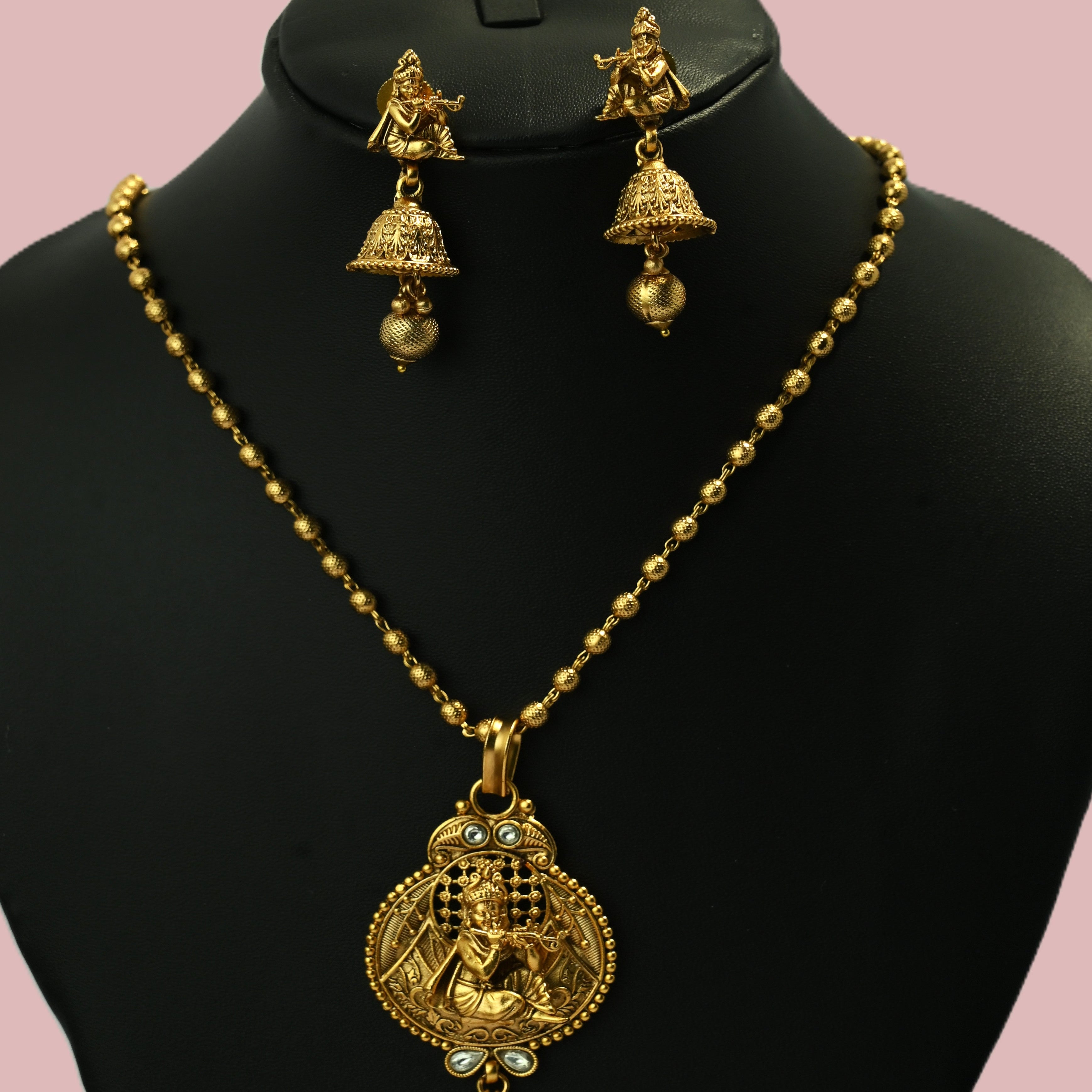 Ethinic Gold-Plated Krishna Motif Jewelry Set with Gold Beads for Women - Antique Finish