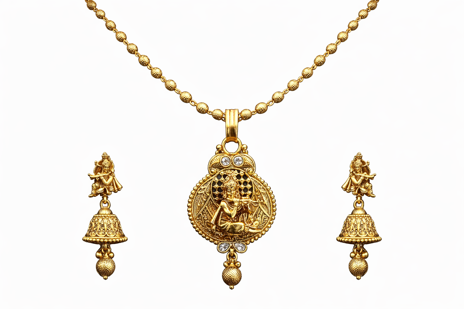 Ethinic Gold-Plated Krishna Motif Jewelry Set with Gold Beads for Women - Antique Finish