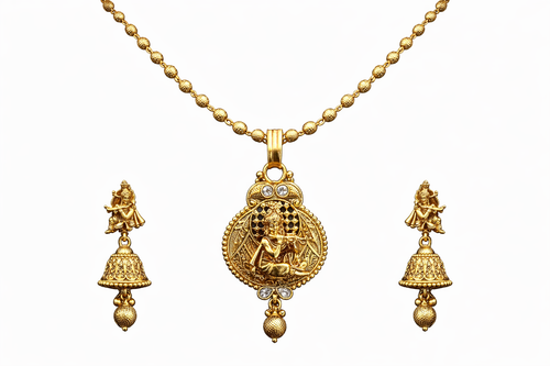 Ethinic Gold-Plated Krishna Motif Jewelry Set with Gold Beads for Women - Antique Finish