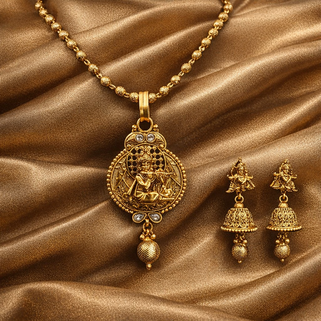 Ethinic Gold-Plated Krishna Motif Jewelry Set with Gold Beads for Women - Antique Finish