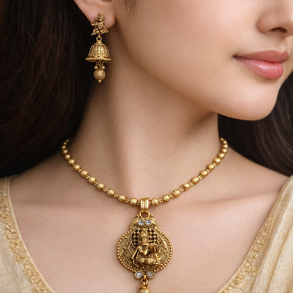 Ethinic Gold-Plated Krishna Motif Jewelry Set with Gold Beads for Women - Antique Finish