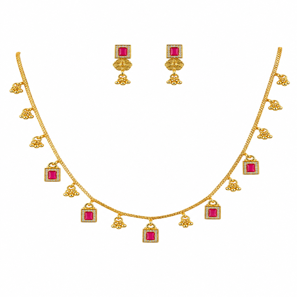 Ethinic Gold-Plated Vintage Pink Stone Accent Jewelry Set for Women - Antique Finish
