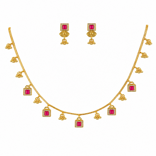 Ethinic Gold-Plated Vintage Pink Stone Accent Jewelry Set for Women - Antique Finish