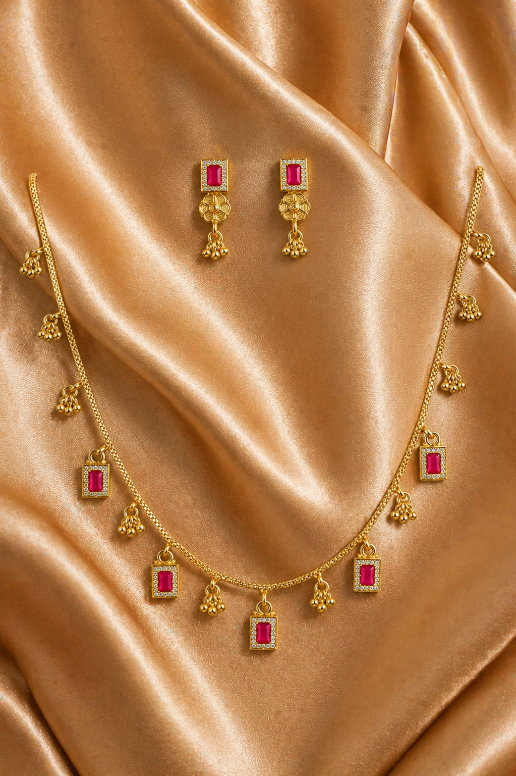 Ethinic Gold-Plated Vintage Pink Stone Accent Jewelry Set for Women - Antique Finish