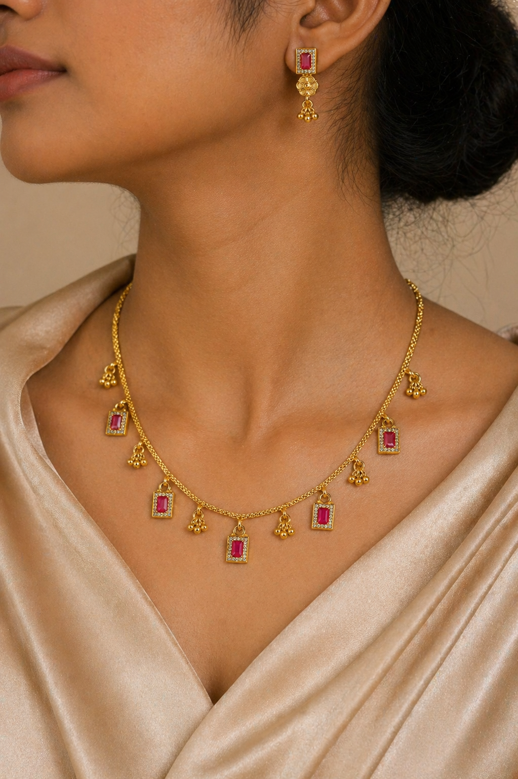 Ethinic Gold-Plated Vintage Pink Stone Accent Jewelry Set for Women - Antique Finish