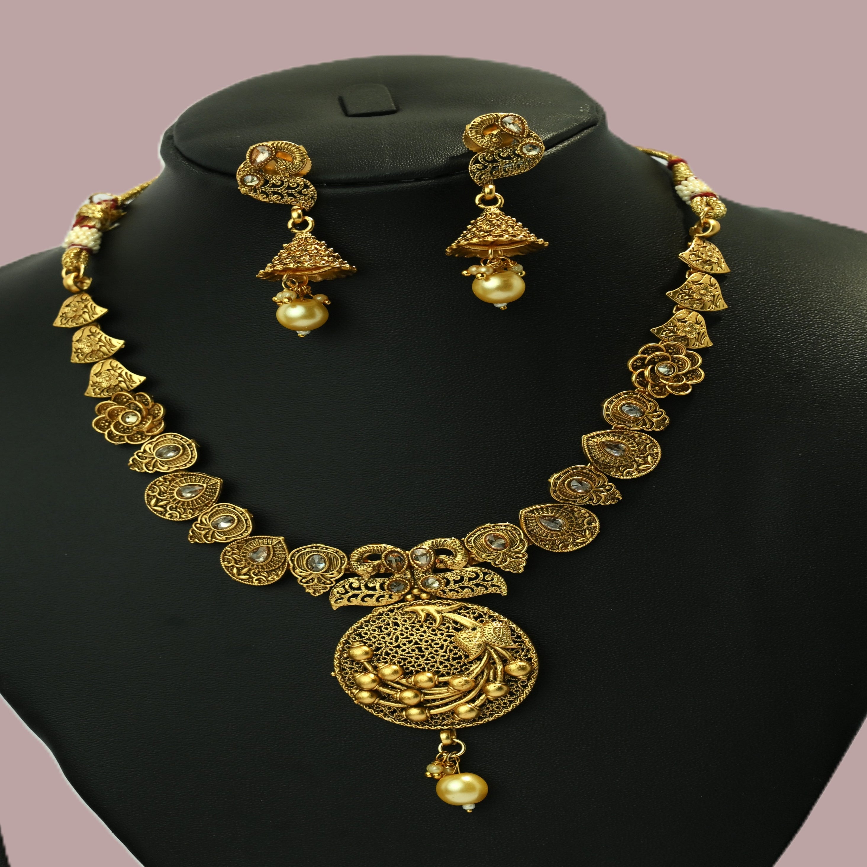 Ethinic Gold-Plated Peacock Motif Jewelry Set with Crystal Embellishments for Women - Antique Finish