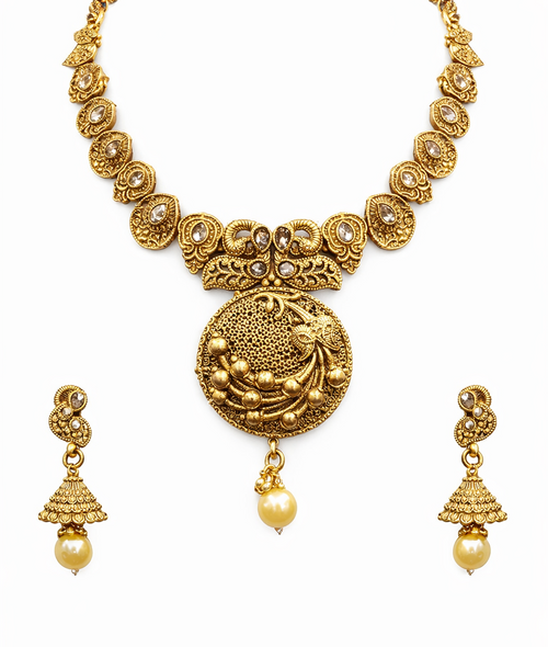 Ethinic Gold-Plated Peacock Motif Jewelry Set with Crystal Embellishments for Women - Antique Finish