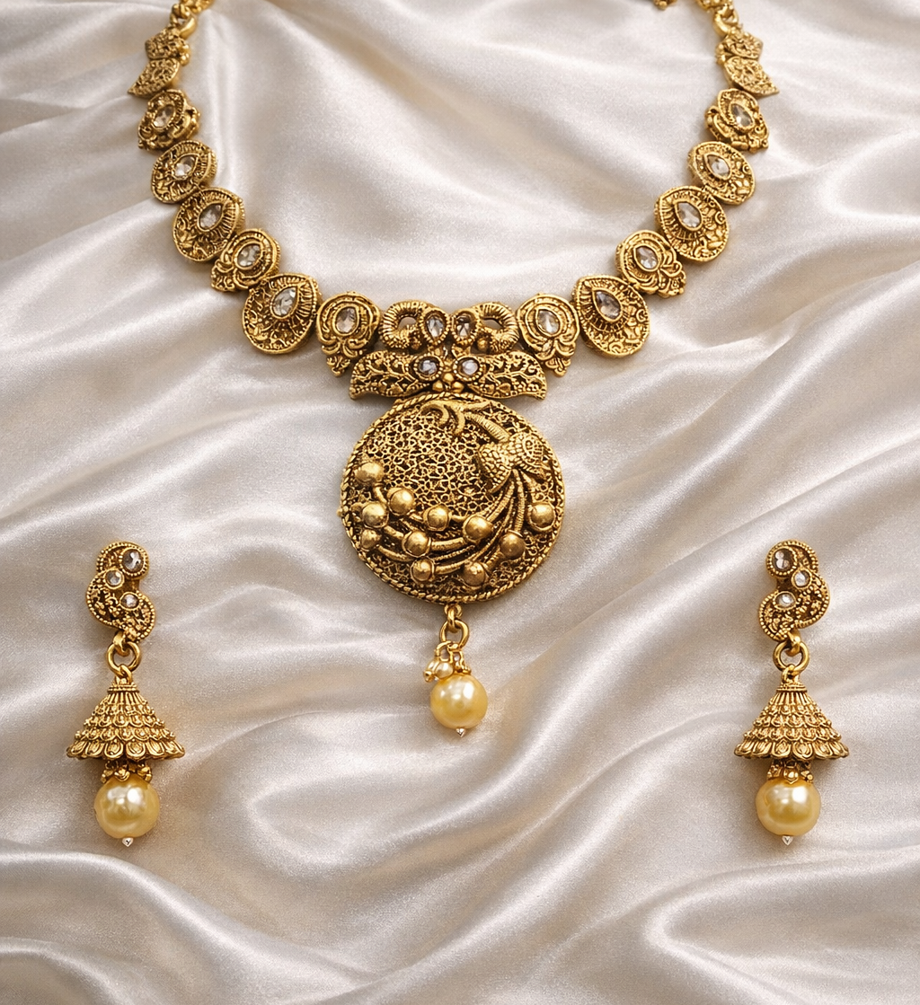 Ethinic Gold-Plated Peacock Motif Jewelry Set with Crystal Embellishments for Women - Antique Finish