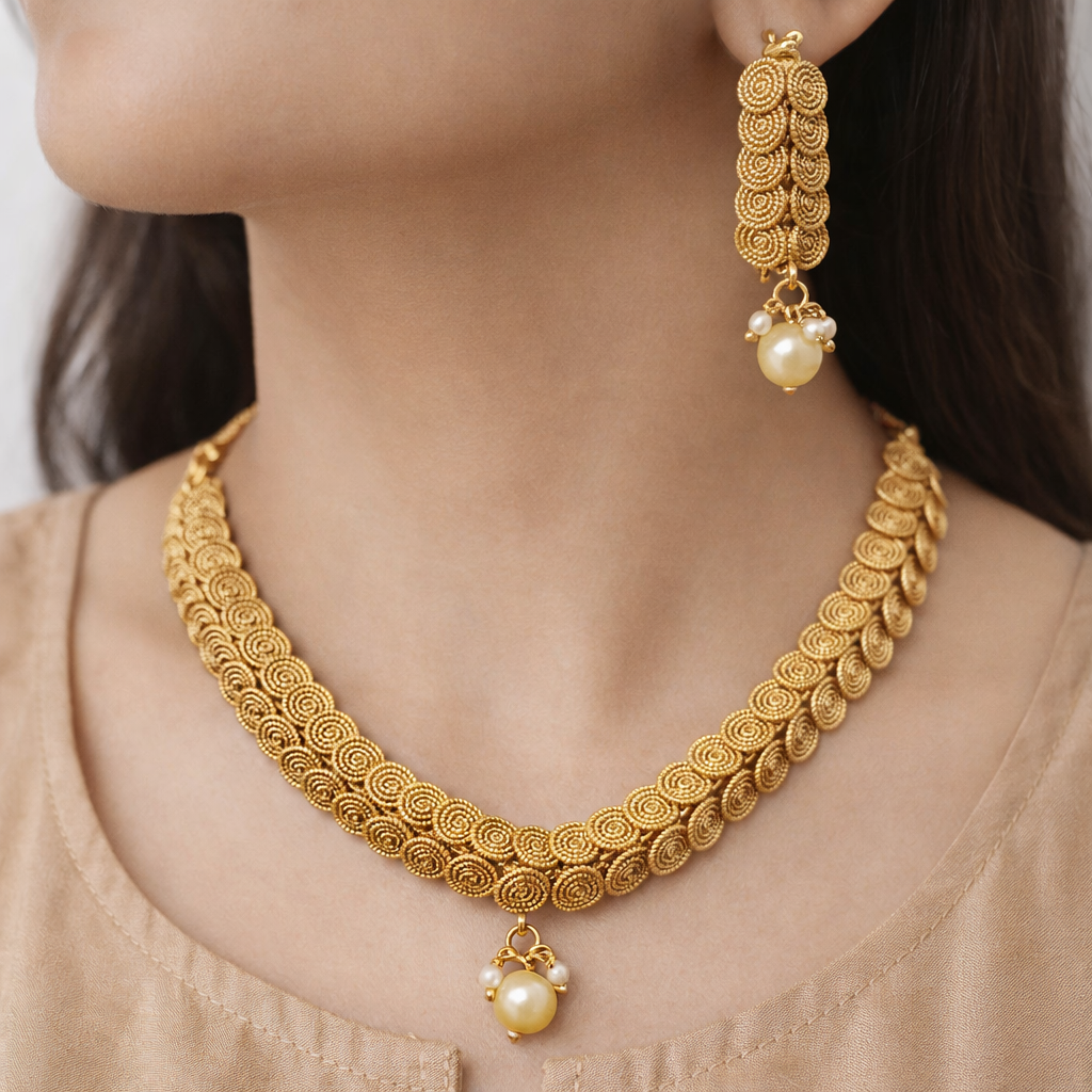 Ethinic Gold-Plated Lakshmi Kaasu Malai Jewelry Set with Coin Motifs for Women - Antique Finish