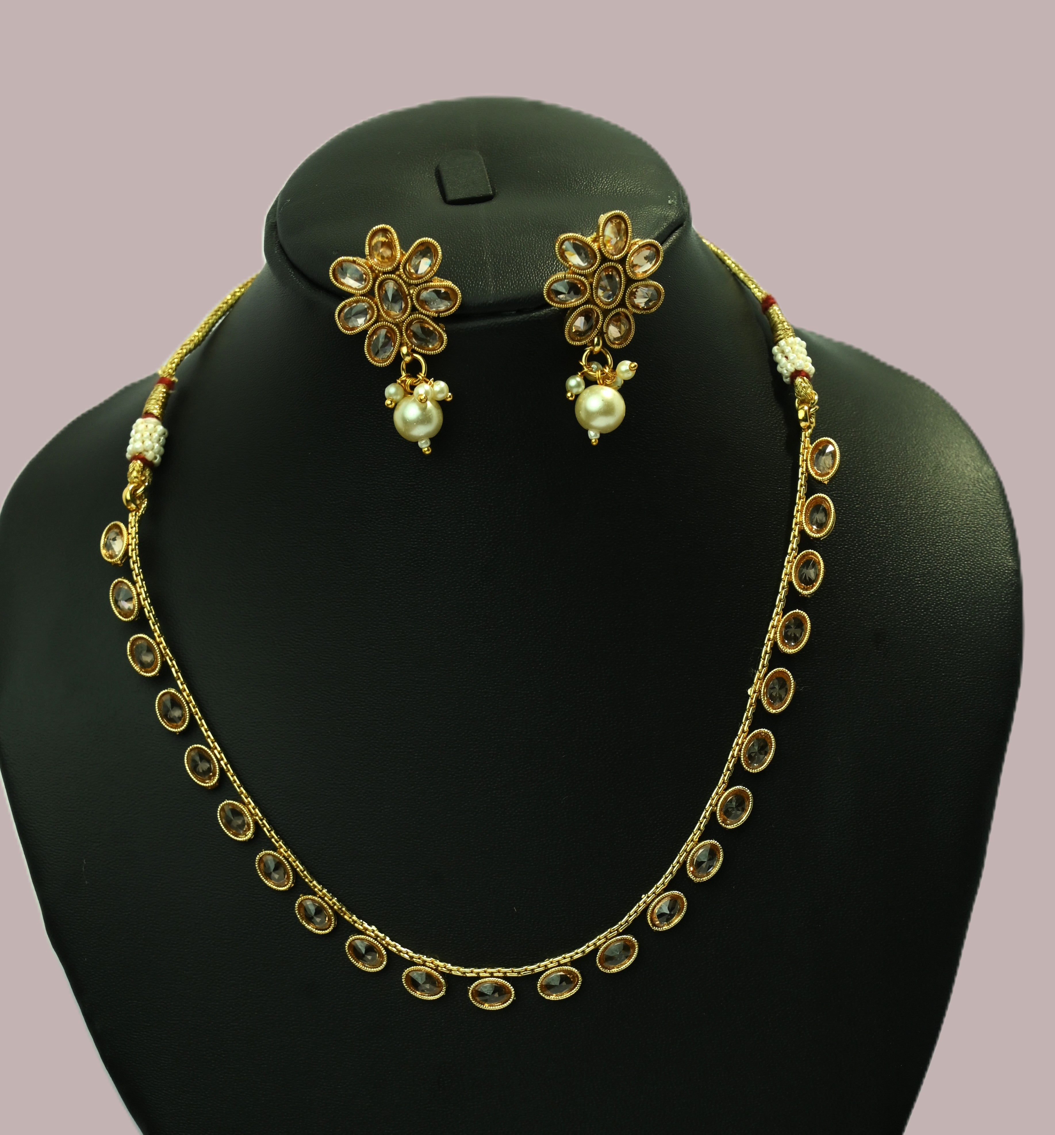 Ethinic Gold-Plated Royal Kundan Necklace Jewelry Set with Large Earring Stud for Women - Antique Finish