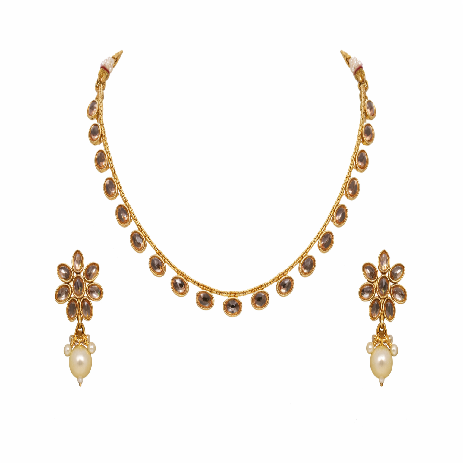 Ethinic Gold-Plated Royal Kundan Necklace Jewelry Set with Large Earring Stud for Women - Antique Finish