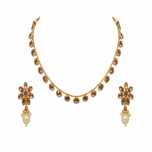 Ethinic Gold-Plated Royal Kundan Necklace Jewelry Set with Large Earring Stud for Women - Antique Finish