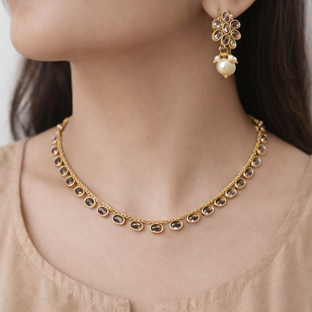 Ethinic Gold-Plated Royal Kundan Necklace Jewelry Set with Large Earring Stud for Women - Antique Finish