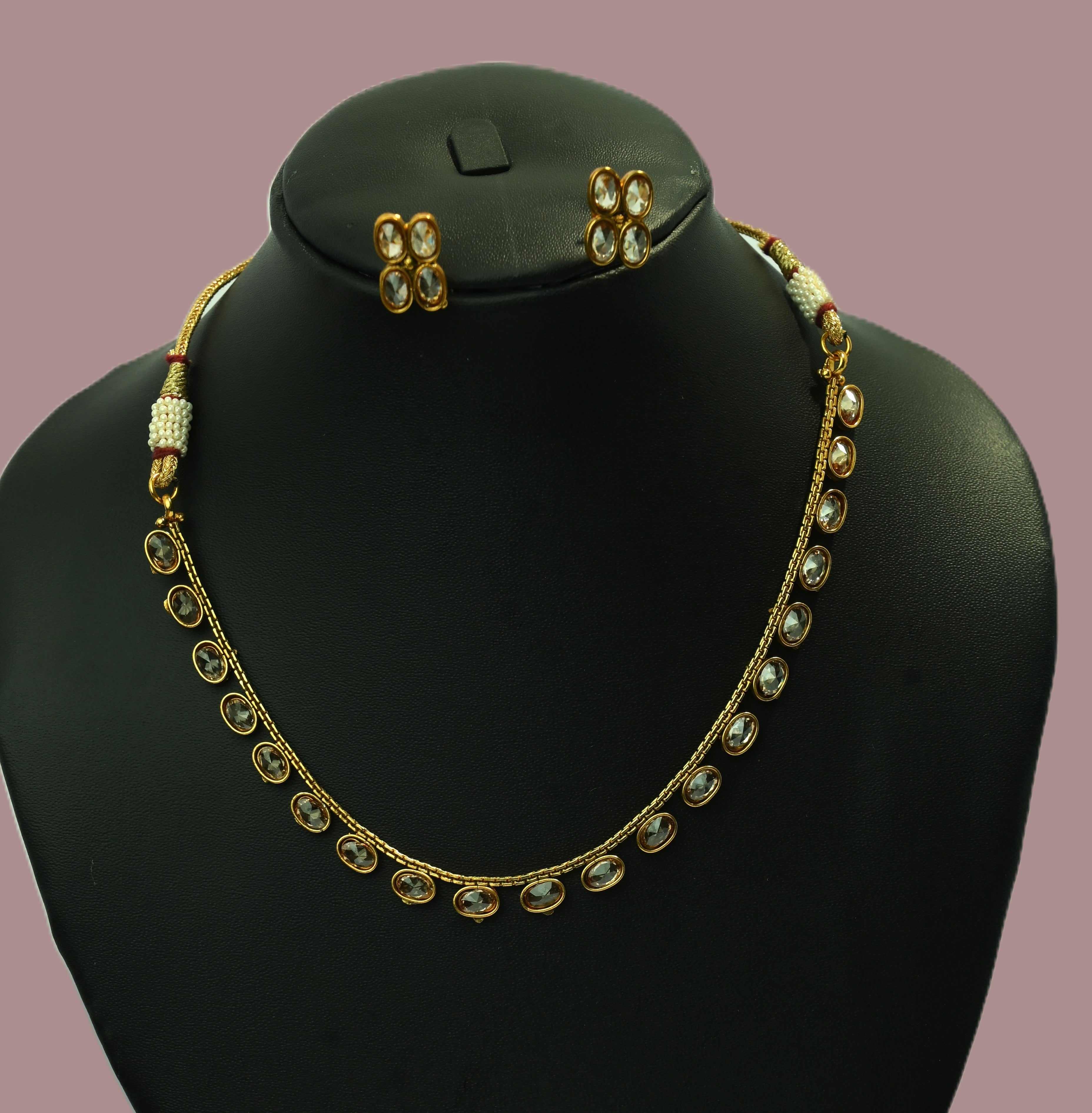 Ethinic Gold-Plated Royal Kundan Necklace Jewelry Set with Medium Earring Stud for Women - Antique Finish