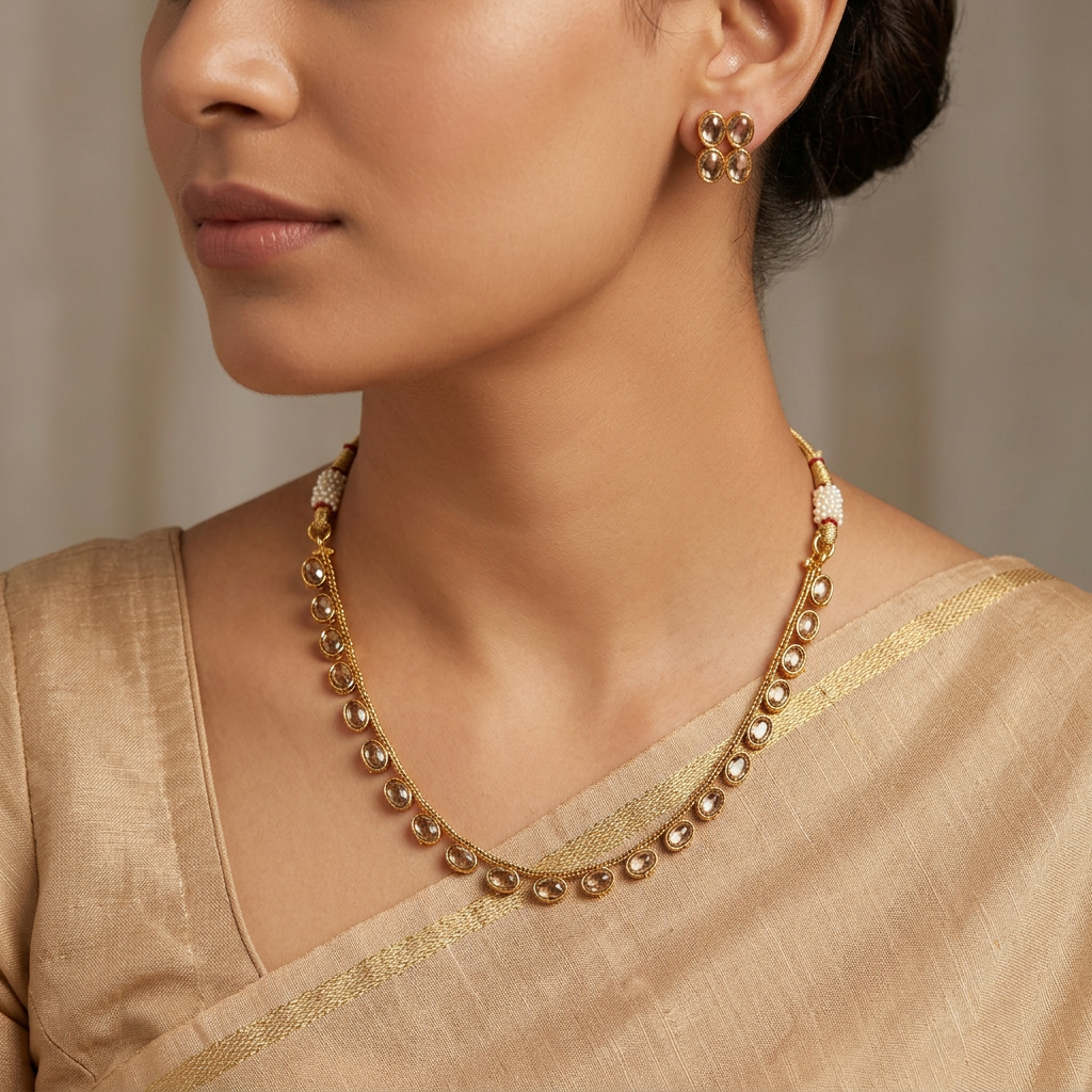 Ethinic Gold-Plated Royal Kundan Necklace Jewelry Set with Medium Earring Stud for Women - Antique Finish