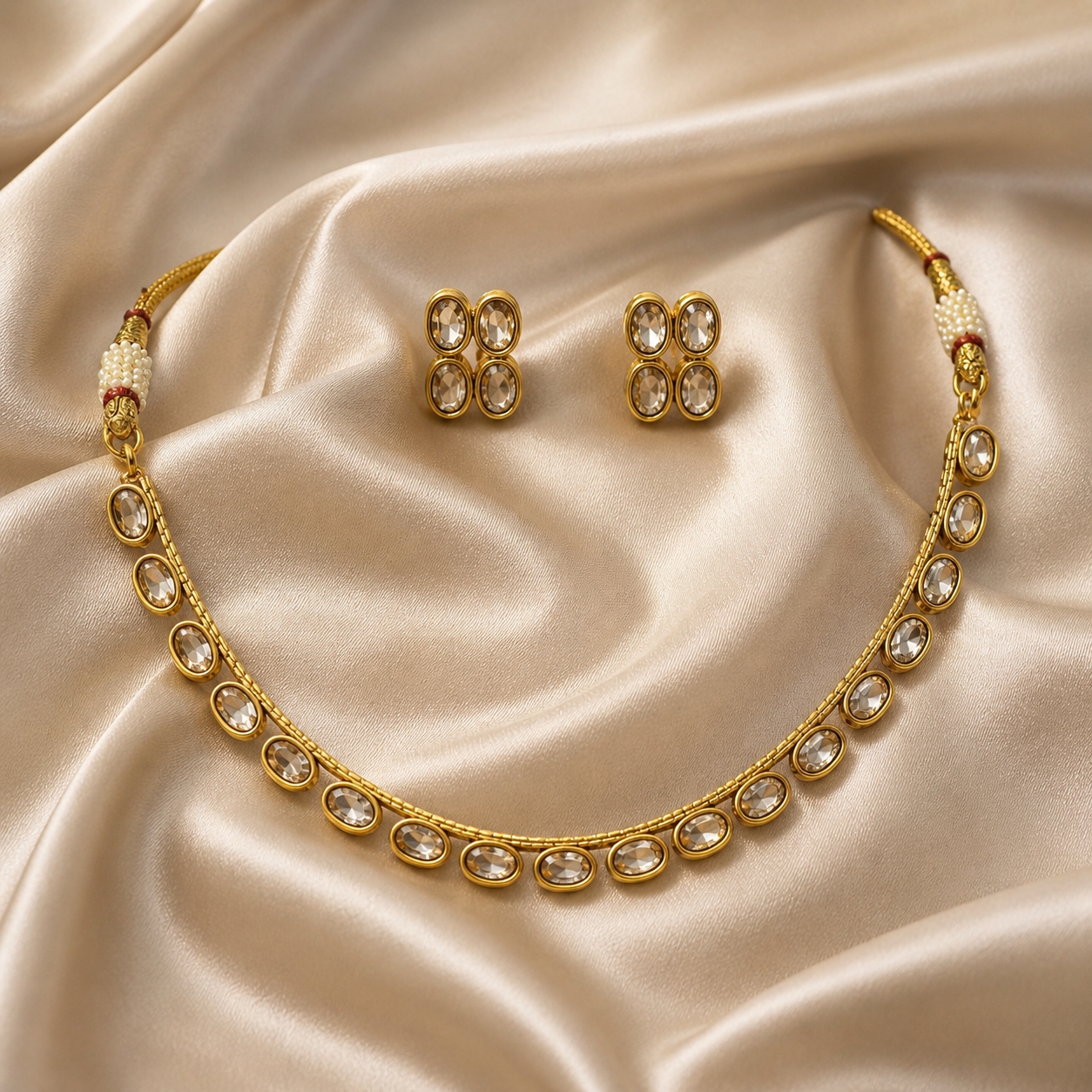 Ethinic Gold-Plated Royal Kundan Necklace Jewelry Set with Medium Earring Stud for Women - Antique Finish