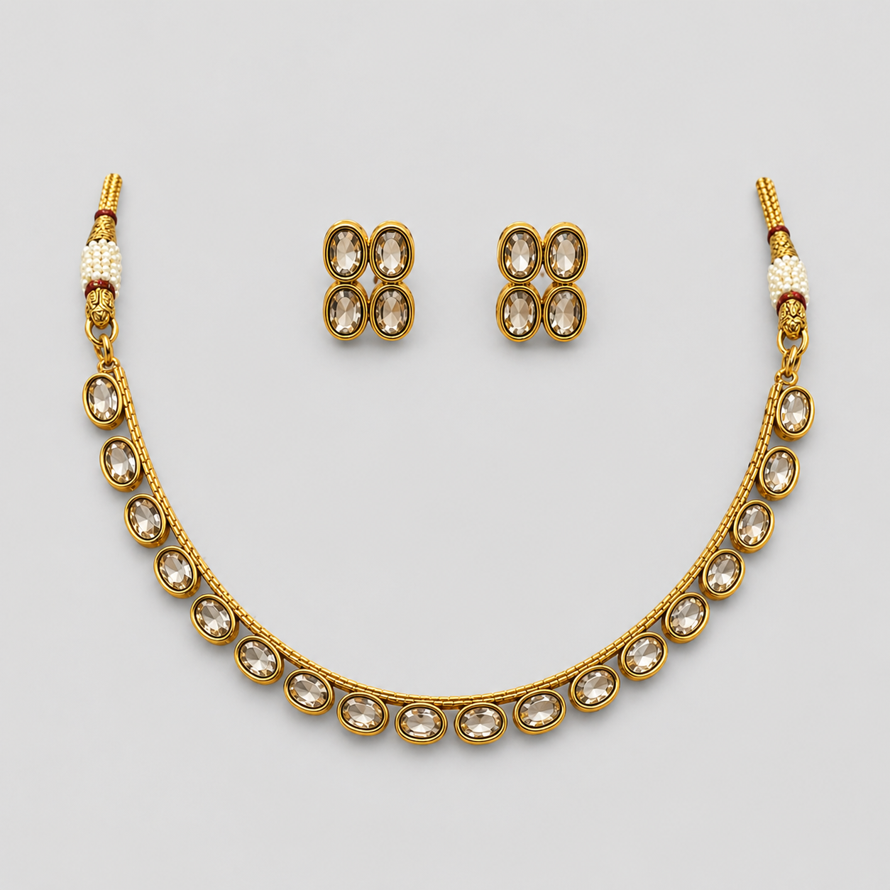 Ethinic Gold-Plated Royal Kundan Necklace Jewelry Set with Medium Earring Stud for Women - Antique Finish
