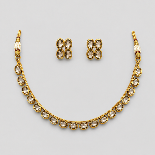 Ethinic Gold-Plated Royal Kundan Necklace Jewelry Set with Medium Earring Stud for Women - Antique Finish