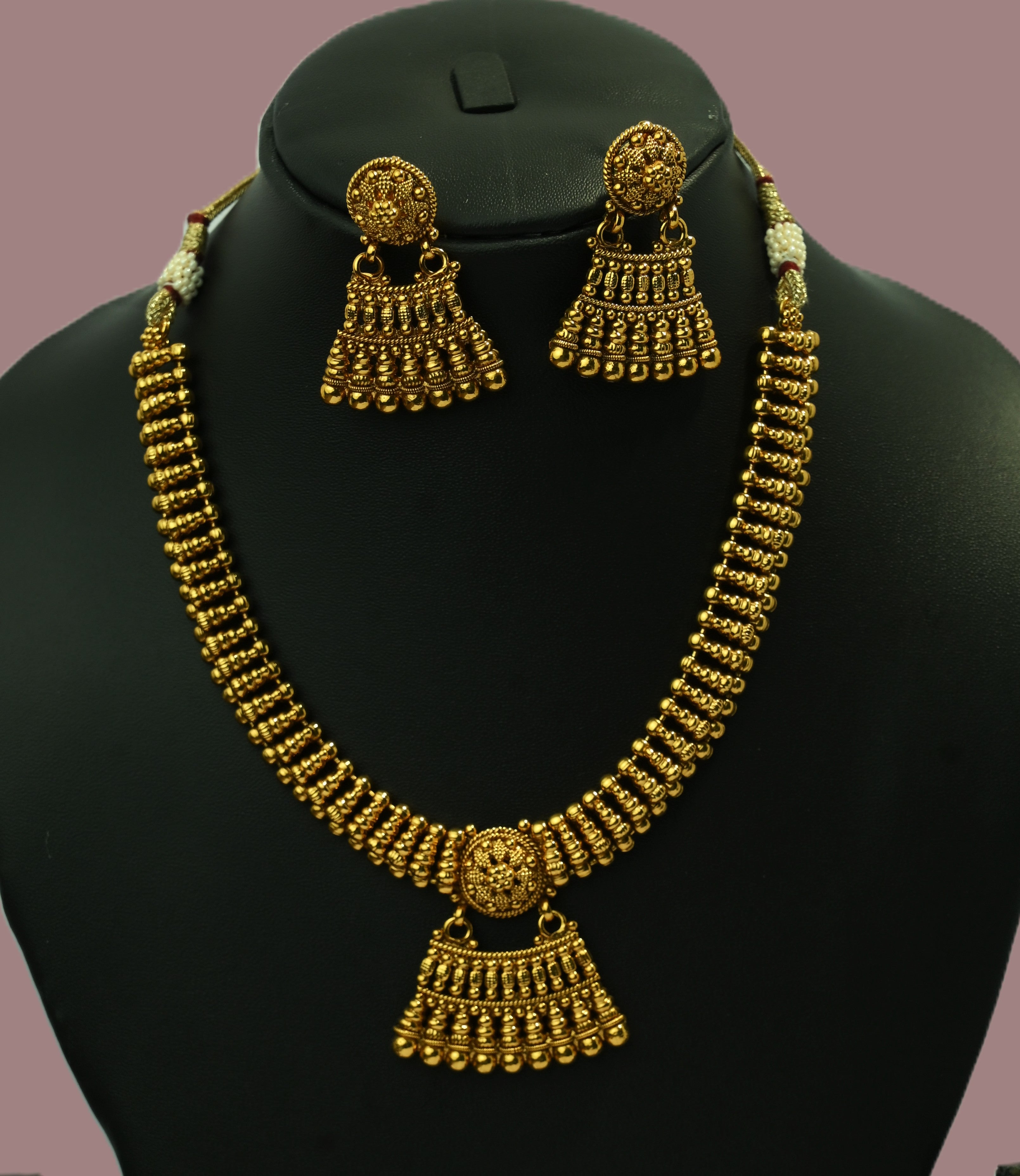 Ethinic Gold-Plated Kolhapuri Tushi Choker Jewelry Set with Hanging Beads Fringe for Women - Antique Finish