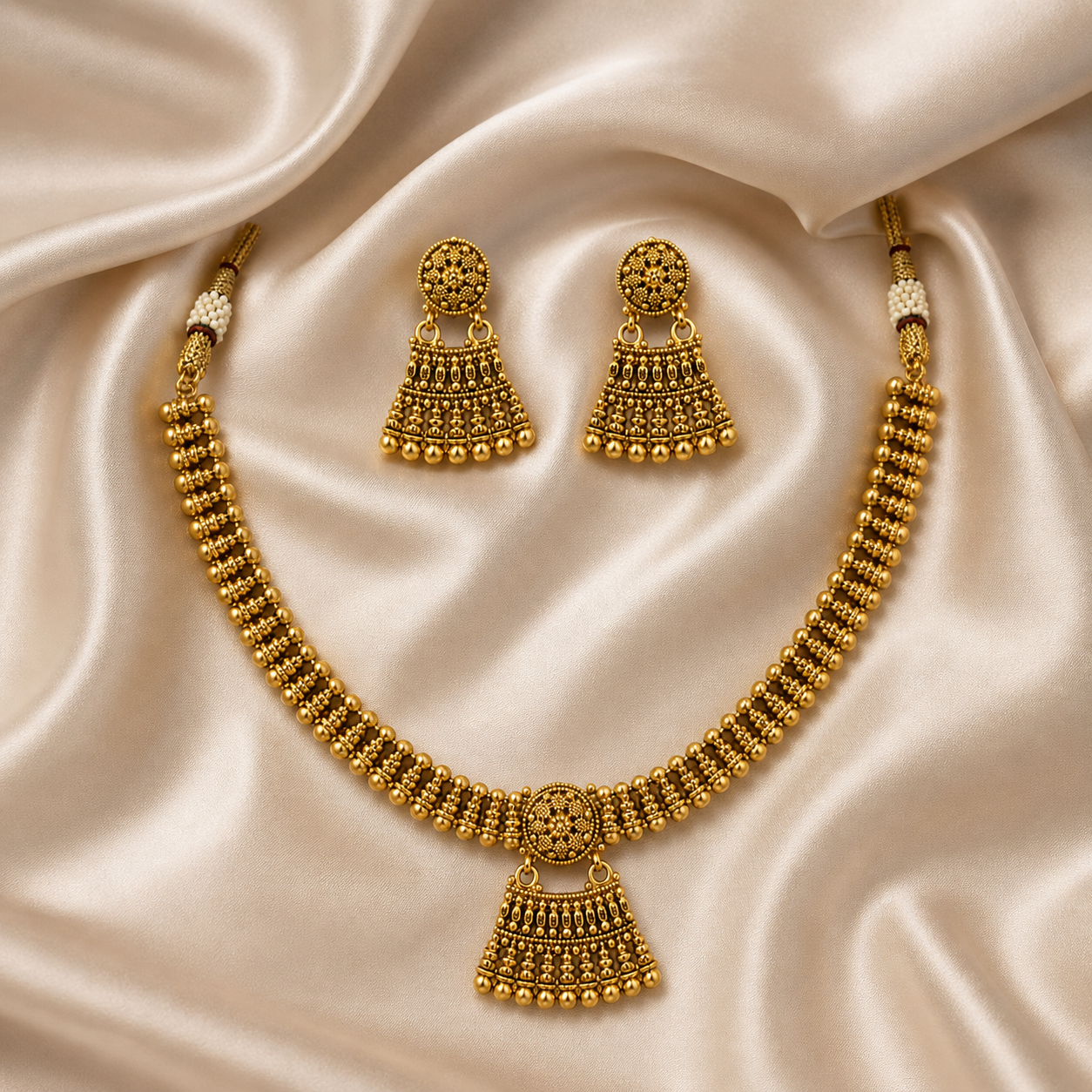 Ethinic Gold-Plated Kolhapuri Tushi Choker Jewelry Set with Hanging Beads Fringe for Women - Antique Finish