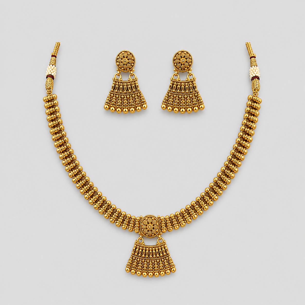 Ethinic Gold-Plated Kolhapuri Tushi Choker Jewelry Set with Hanging Beads Fringe for Women - Antique Finish
