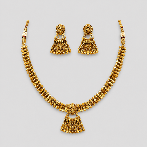 Ethinic Gold-Plated Kolhapuri Tushi Choker Jewelry Set with Hanging Beads Fringe for Women - Antique Finish