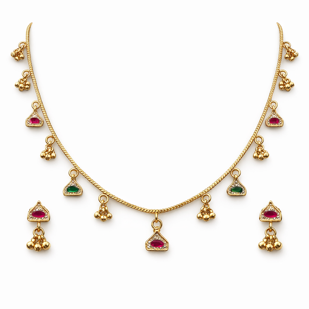 Ethinic Gold-Plated Zircon Pendant Jewelry Set with Red and Green Glass Stone Embellishments for Women - Antique Finish