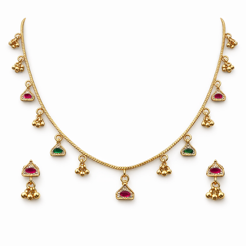 Ethinic Gold-Plated Zircon Pendant Jewelry Set with Red and Green Glass Stone Embellishments for Women - Antique Finish