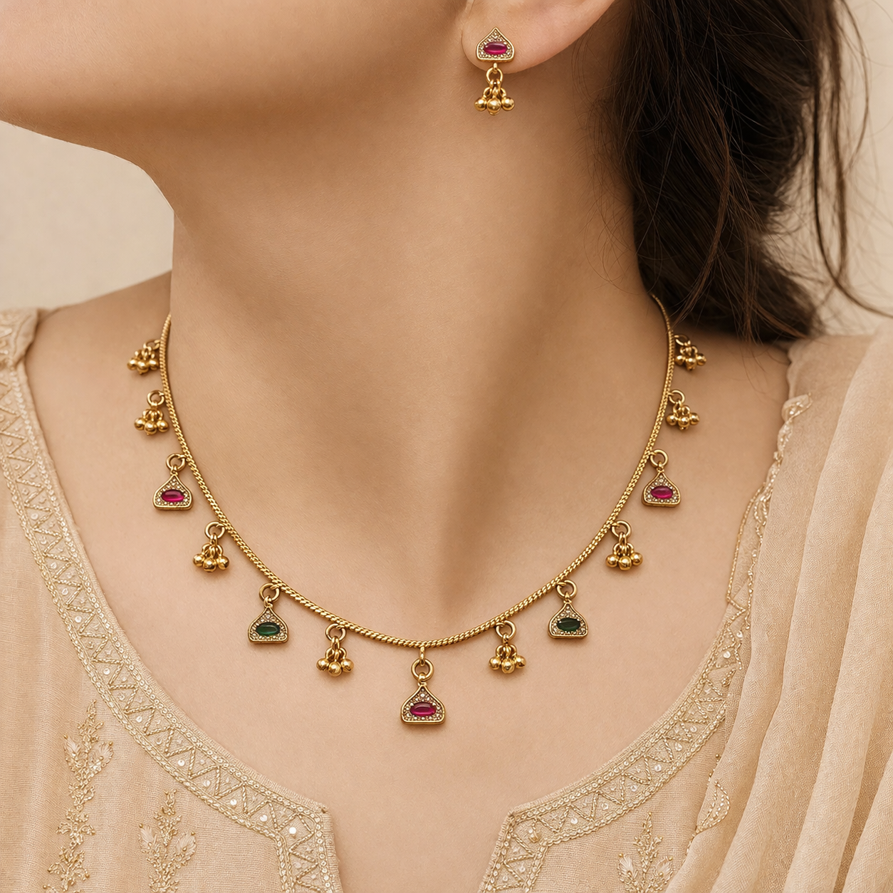 Ethinic Gold-Plated Zircon Pendant Jewelry Set with Red and Green Glass Stone Embellishments for Women - Antique Finish