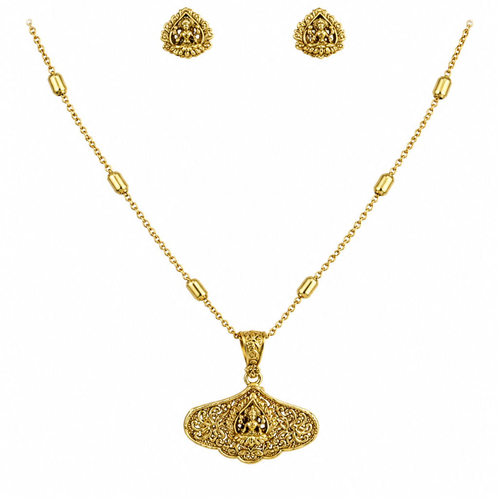 Ethinic Gold-Plated Lakshmi Carving Jewelry Set for Women - Antique Finish