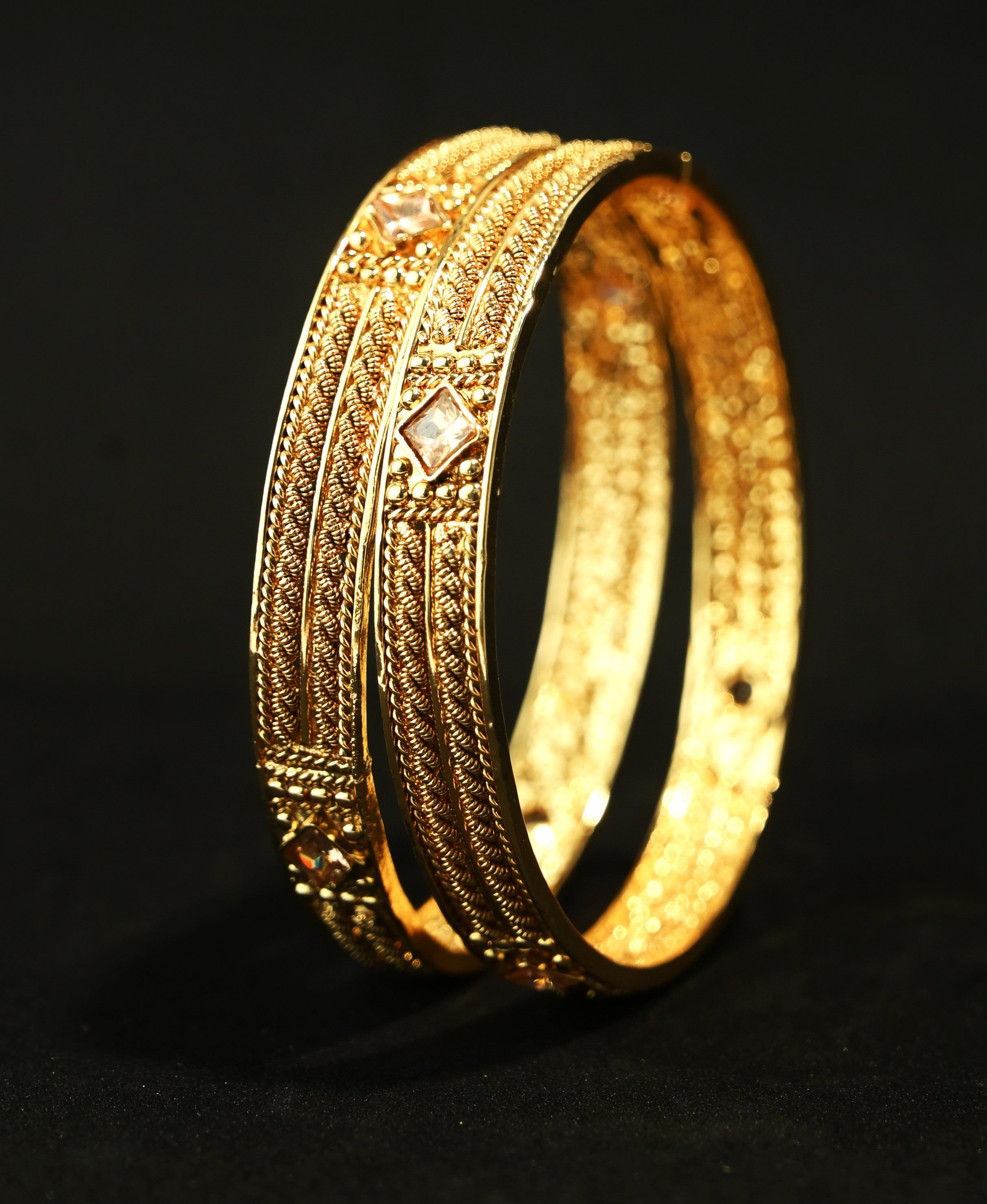 Ethinic Gold-Plated Elegant Bangle Set of 2 with Square Stone Embellishments for Women - Antique Finish (2.4 Size)