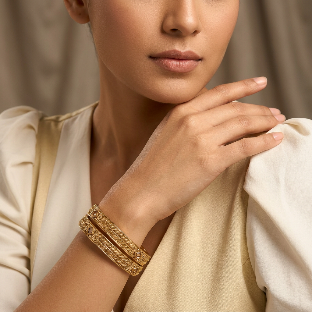Ethinic Gold-Plated Elegant Bangle Set of 2 with Square Stone Embellishments for Women - Antique Finish (2.4 Size)