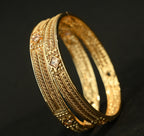 Ethinic Gold-Plated Elegant Bangle Set of 2 with Square Stone Embellishments for Women - Antique Finish (2.4 Size)