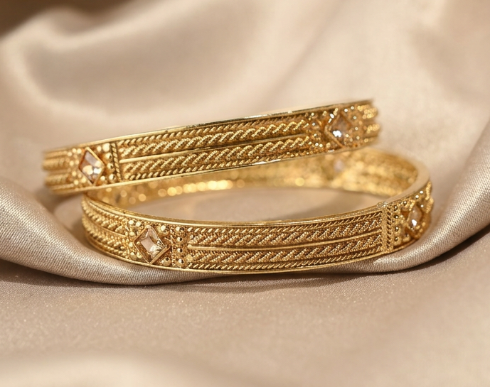 Ethinic Gold-Plated Elegant Bangle Set of 2 with Square Stone Embellishments for Women - Antique Finish (2.4 Size)