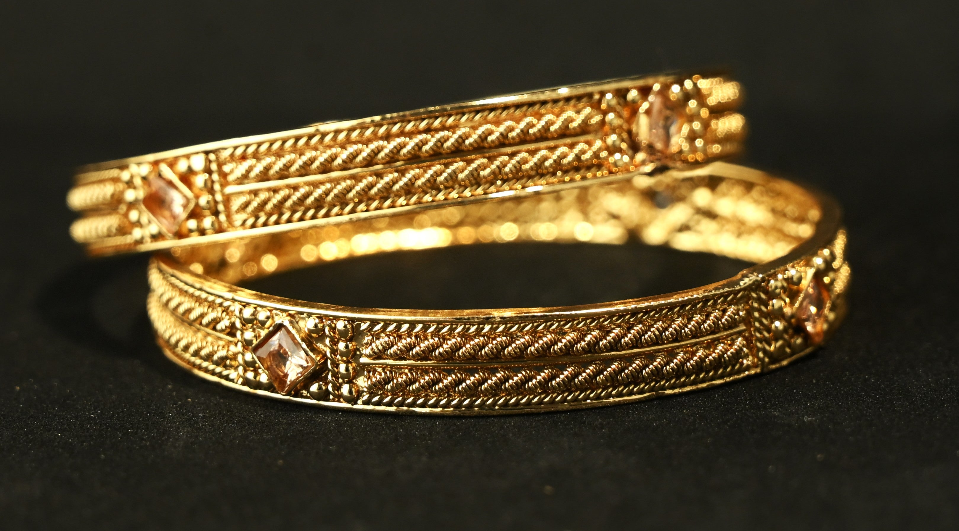Ethinic Gold-Plated Elegant Bangle Set of 2 with Square Stone Embellishments for Women - Antique Finish (2.4 Size)