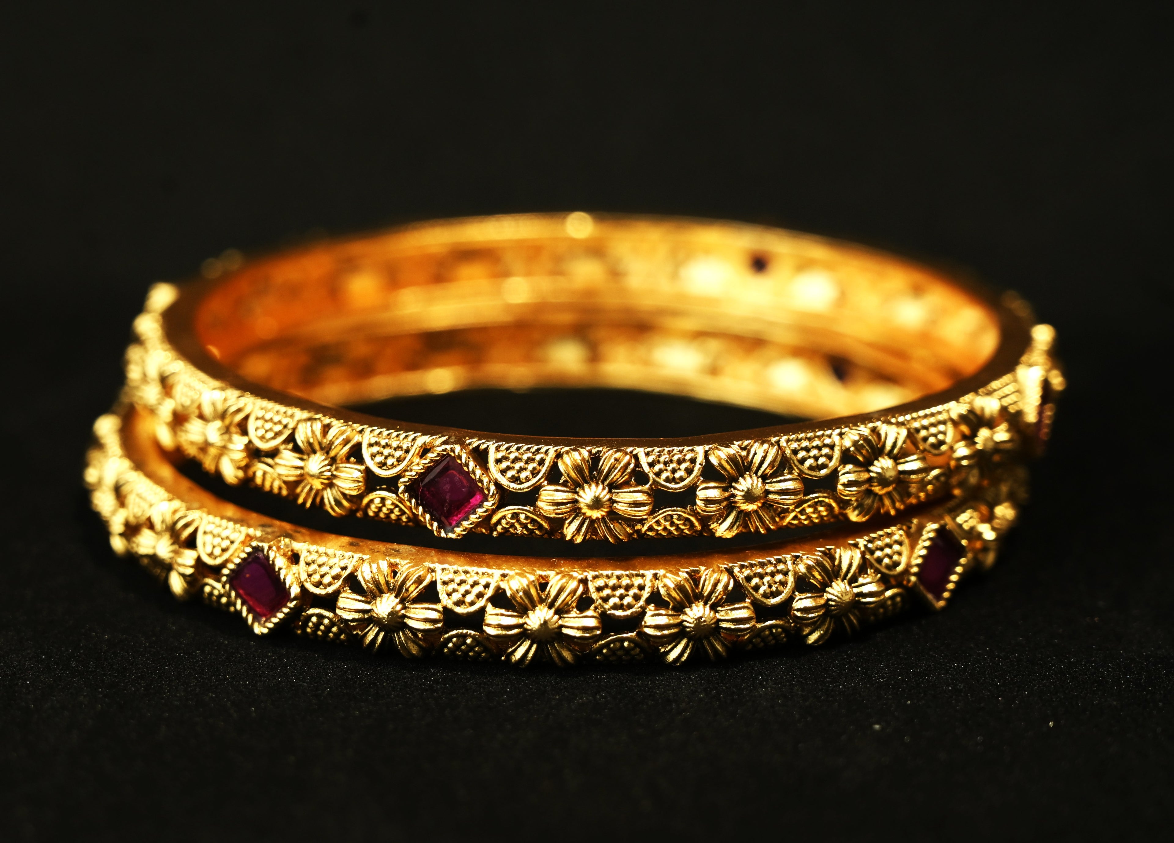 Ethinic Gold-Plated Classic Floral and Ruby Motifs Bangle Set of 2 for Women - Antique Finish (2.6 Size)