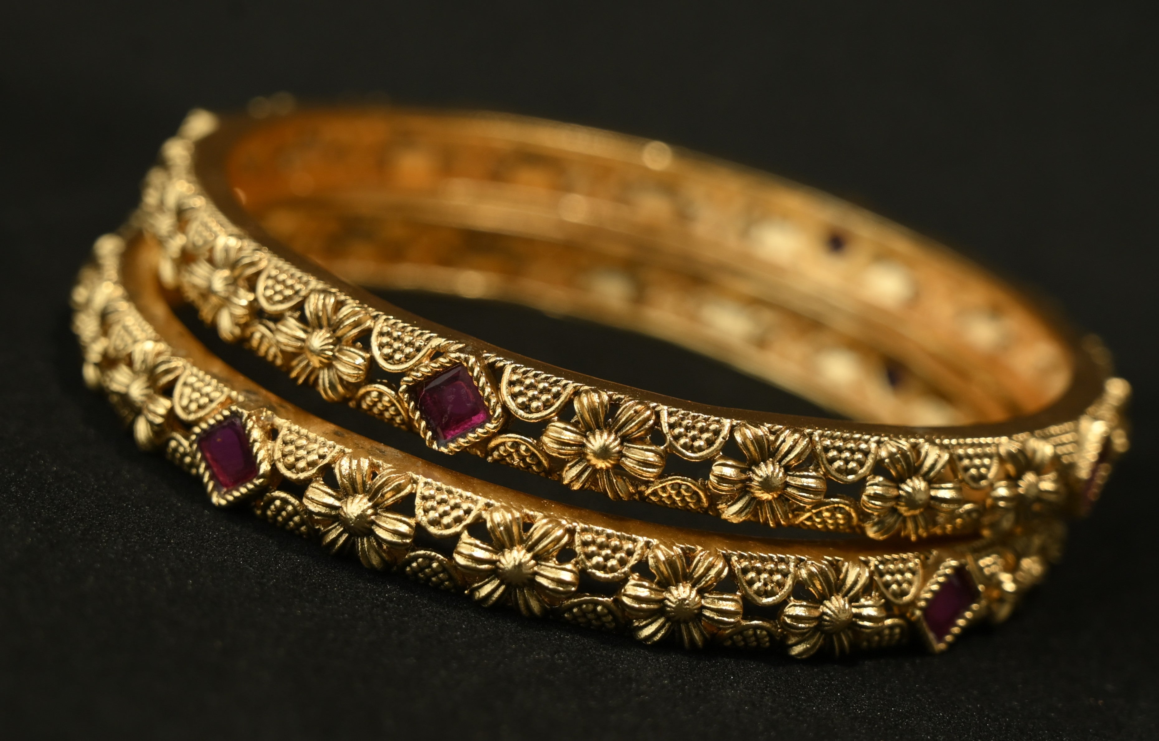Ethinic Gold-Plated Classic Floral and Ruby Motifs Bangle Set of 2 for Women - Antique Finish (2.6 Size)