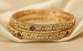 Ethinic Gold-Plated Classic Floral and Ruby Motifs Bangle Set of 2 for Women - Antique Finish (2.6 Size)