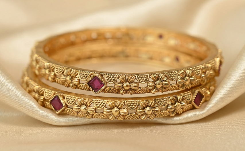 Ethinic Gold-Plated Classic Floral and Ruby Motifs Bangle Set of 2 for Women - Antique Finish (2.6 Size)