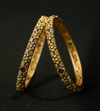 Ethinic Gold-Plated Classic Floral and Ruby Motifs Bangle Set of 2 for Women - Antique Finish (2.6 Size)
