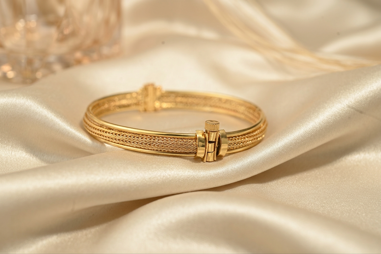 Ethinic Gold-Plated Braided Design with Screw Pin Detail Bangle Bracelet for Women - Antique Finish (2.6 Size)