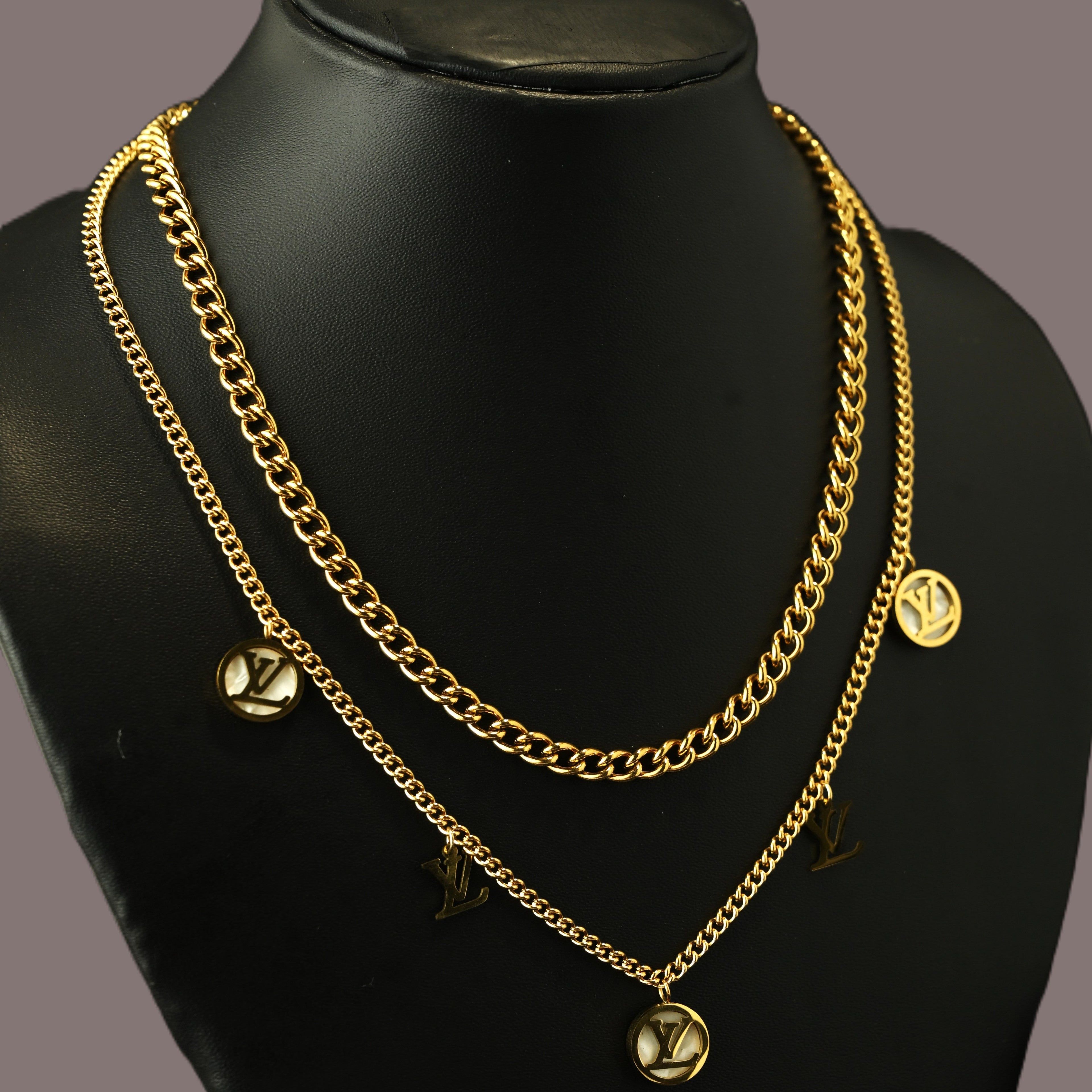 Gold Tone LV Monogram layered Necklace for Women- Matte Finish