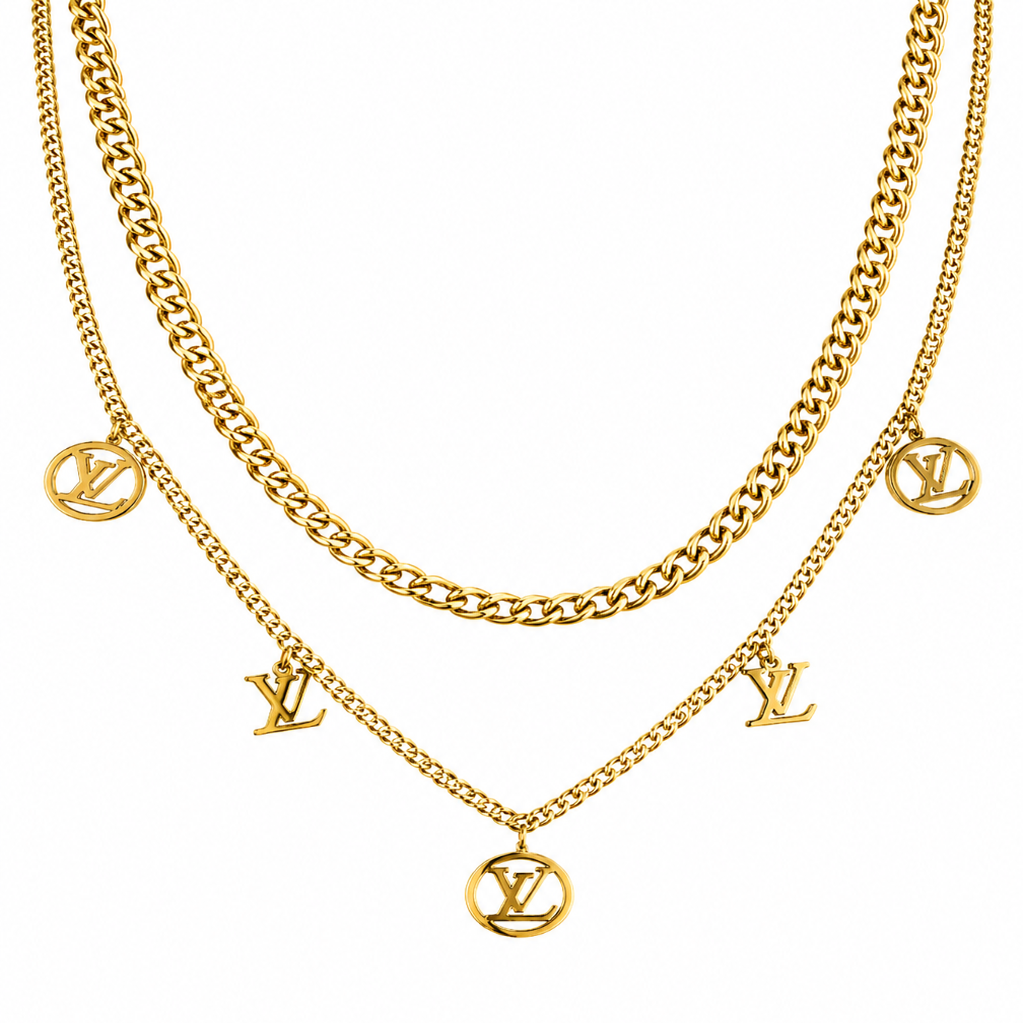 Gold Tone LV Monogram layered Necklace for Women- Matte Finish