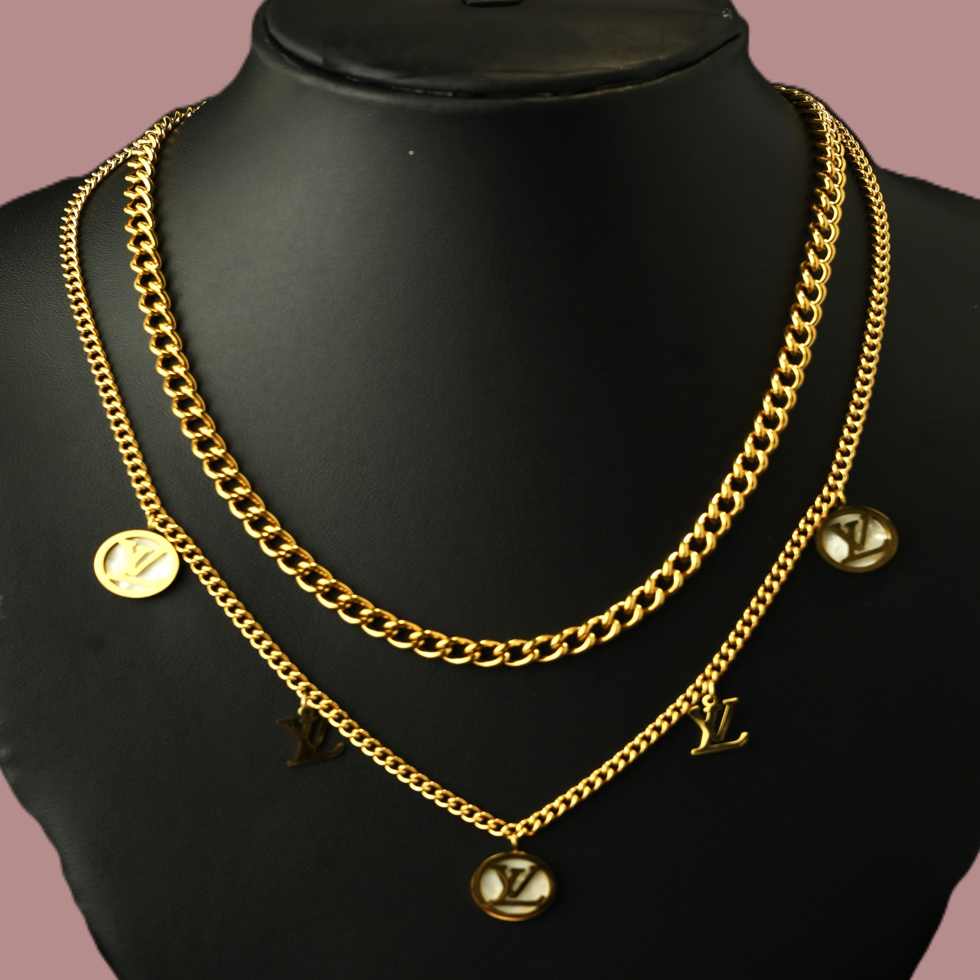 Gold Tone LV Monogram layered Necklace for Women- Matte Finish