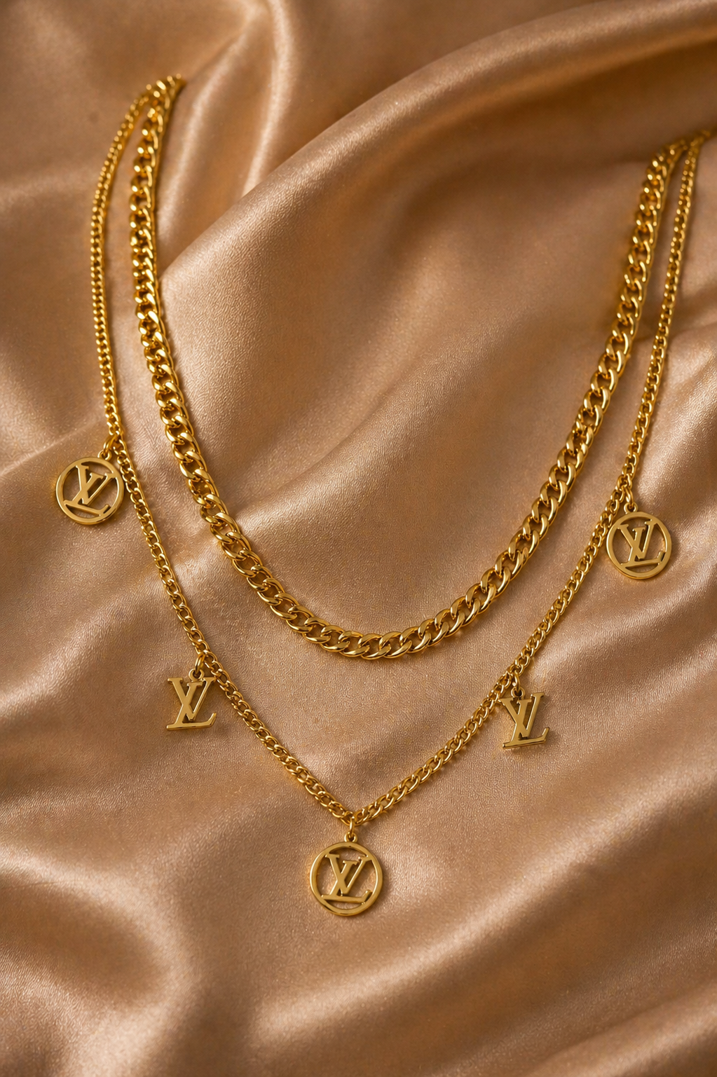 Gold Tone LV Monogram layered Necklace for Women- Matte Finish