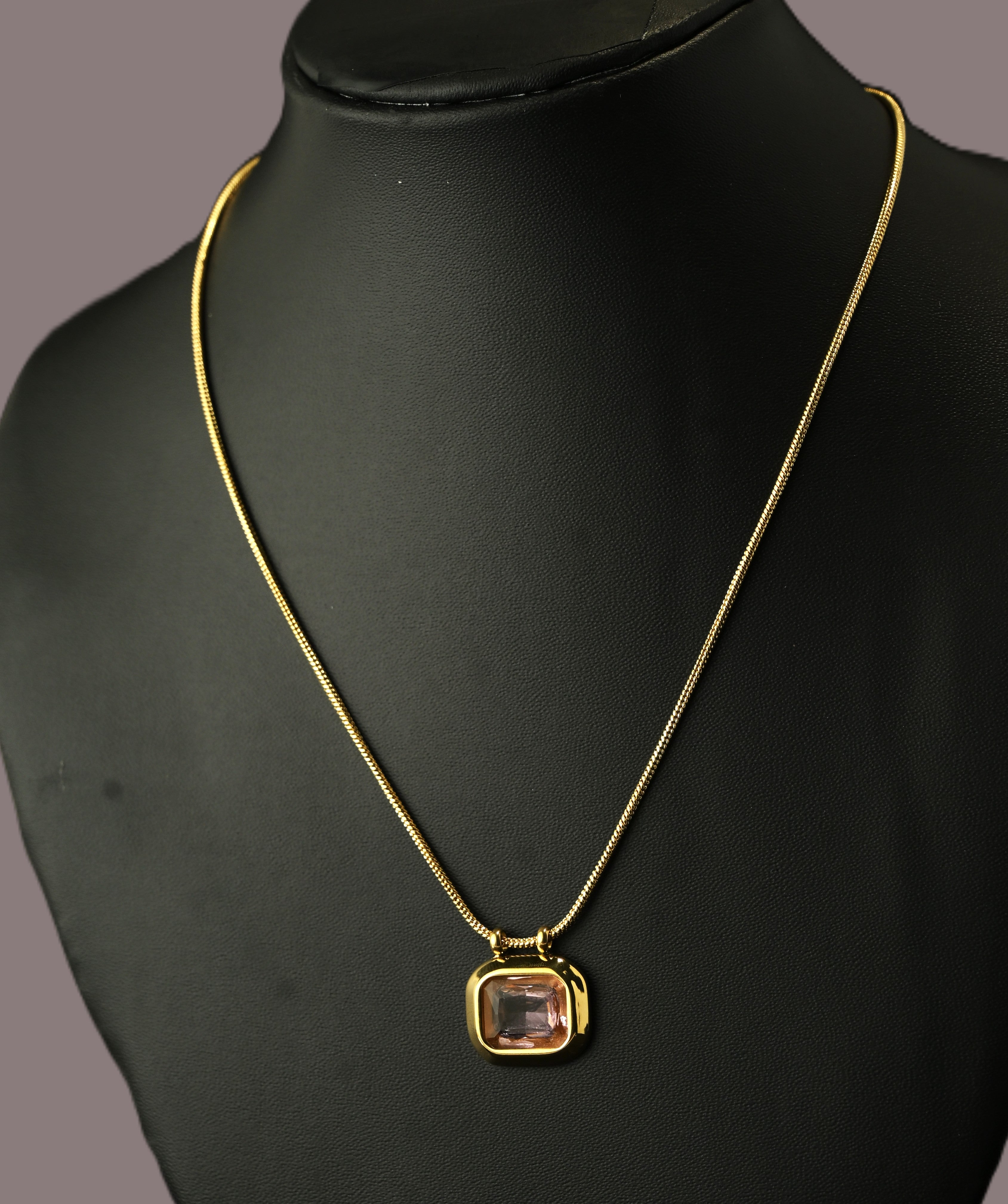 Gold Tone Elegant Pinkstone Stainless Steel Necklace for Women- Matte Finish