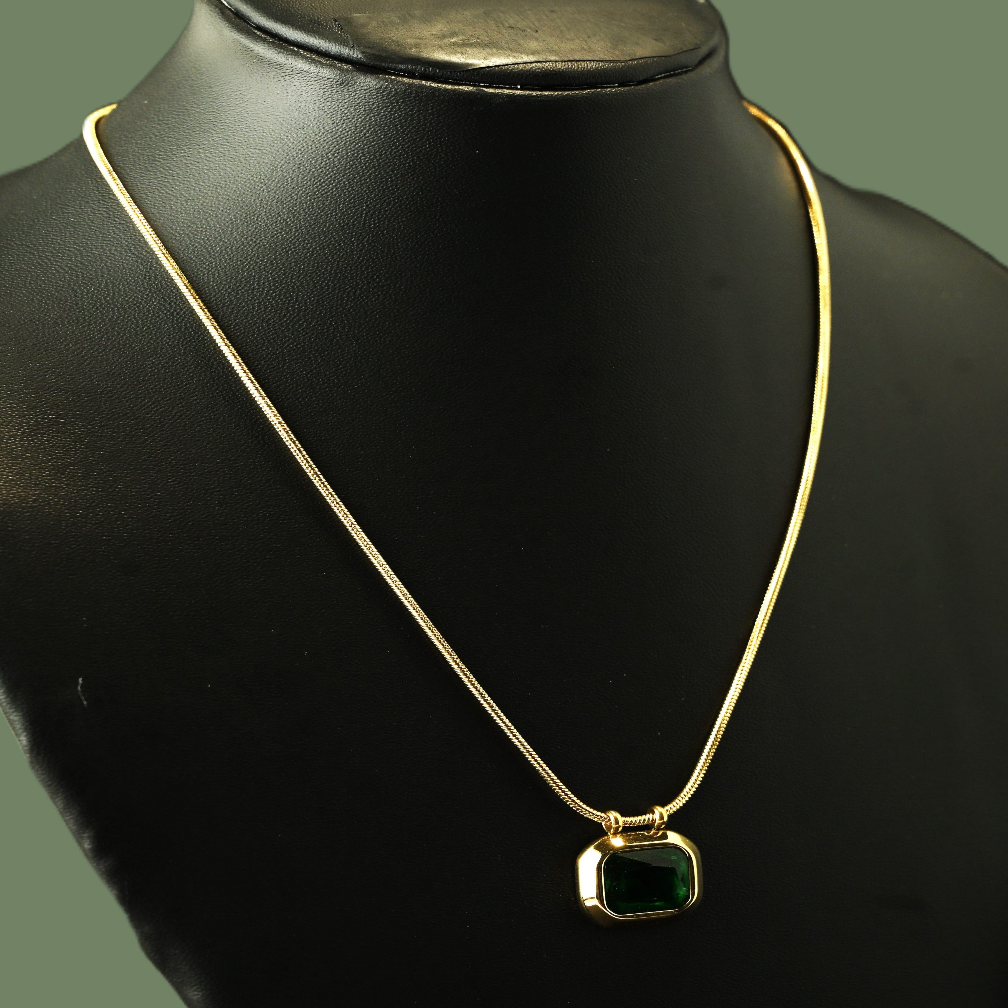 Gold Tone Elegant Emerald Stone Stainless Steel Necklace for Women- Matte Finish