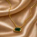 Gold Tone Elegant Emerald Stone Stainless Steel Necklace for Women- Matte Finish