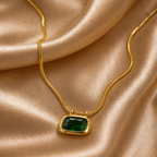 Gold Tone Elegant Emerald Stone Stainless Steel Necklace for Women- Matte Finish
